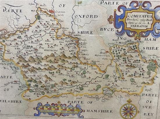 William Hole after Christopher Saxton, coloured engraving, Map of Comitatus Bercheriae Vulgo Barkshyre 1637, 28 x 37cm
